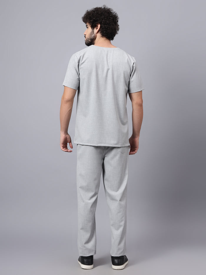Stretchable (4Way) Men Light Grey V-Neck With Straight Pant Scrub Set