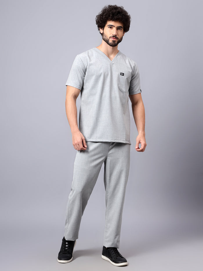 Stretchable (4Way) Men Light Grey V-Neck With Straight Pant Scrub Set