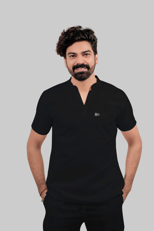 Stretchable (4Way) Men Mandarin Neck Black Scrub Top