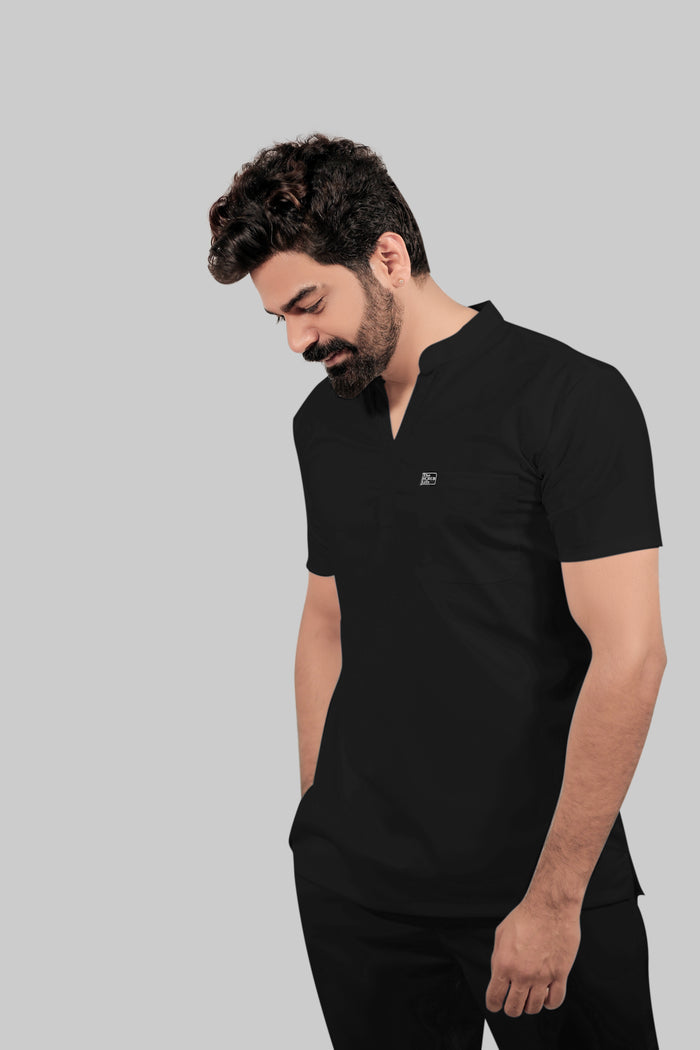 Stretchable (4Way) Men Mandarin Neck Black Scrub Top