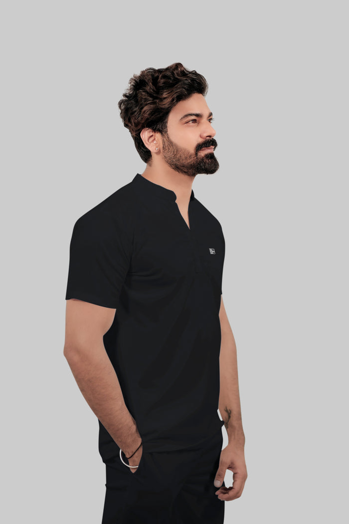 Stretchable (4Way) Men Mandarin Neck Black Scrub Top