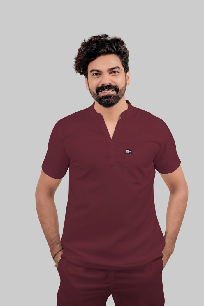 Stretchable (4Way) Men Mandarin Neck Burgundy Scrub Top