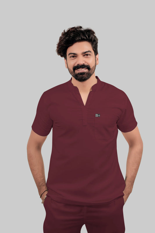 Stretchable (4Way) Men Mandarin Neck Burgundy Scrub Top