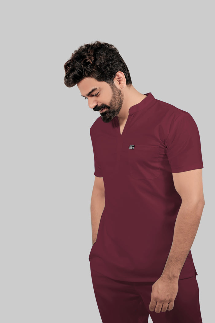 Stretchable (4Way) Men Mandarin Neck Burgundy Scrub Top