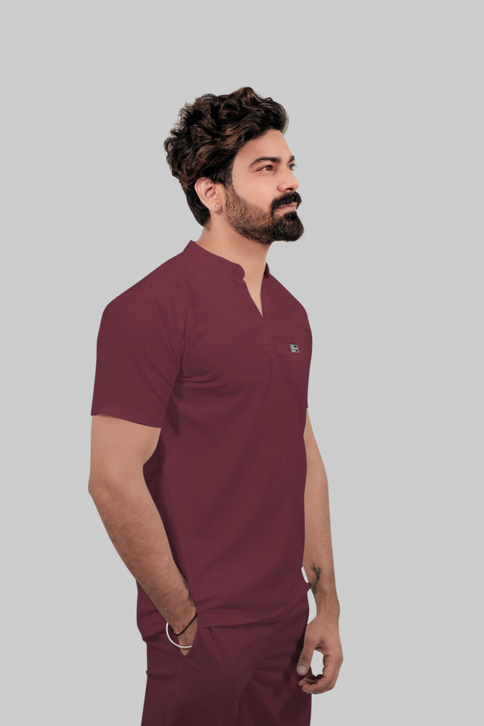 Stretchable (4Way) Men Mandarin Neck Burgundy Scrub Top