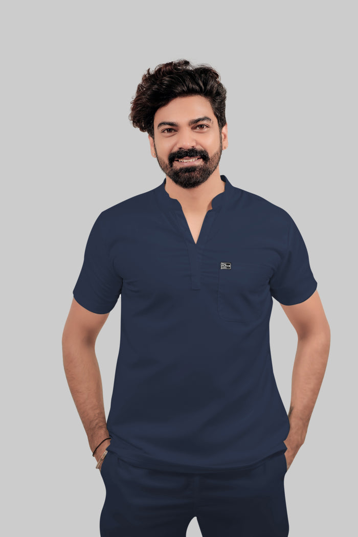 Stretchable (4Way) Men Mandarin Neck Navy Blue Scrub Top