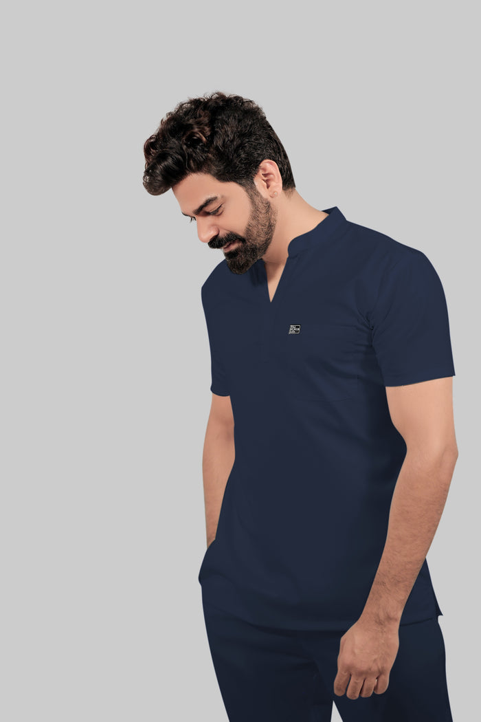 Stretchable (4Way) Men Mandarin Neck Navy Blue Scrub Top