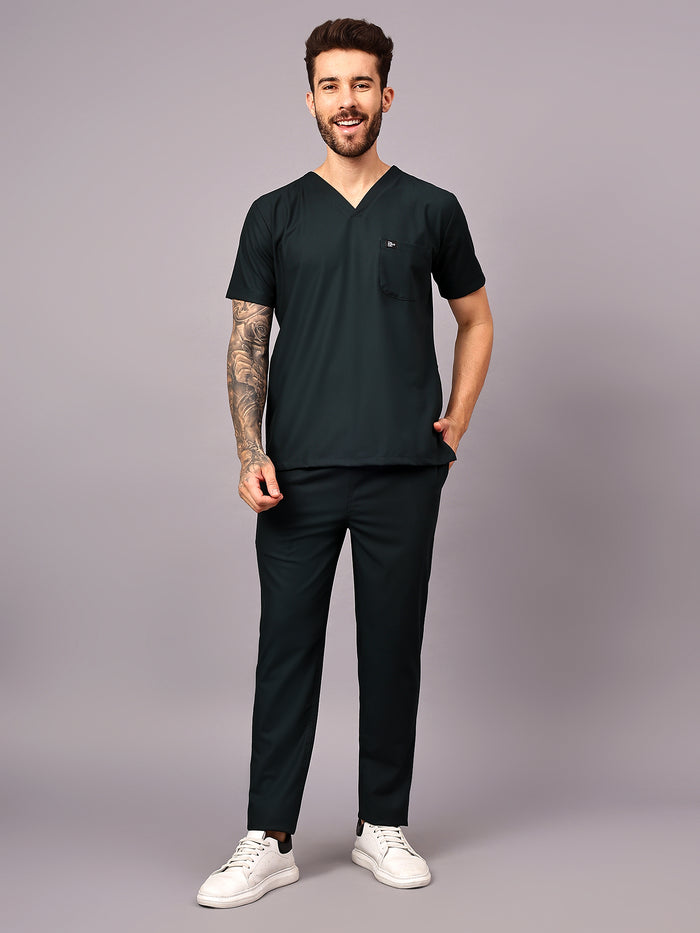 Stretchable (4Way) Men Mid Night Green V-Neck With Straight Pant Scrub Set
