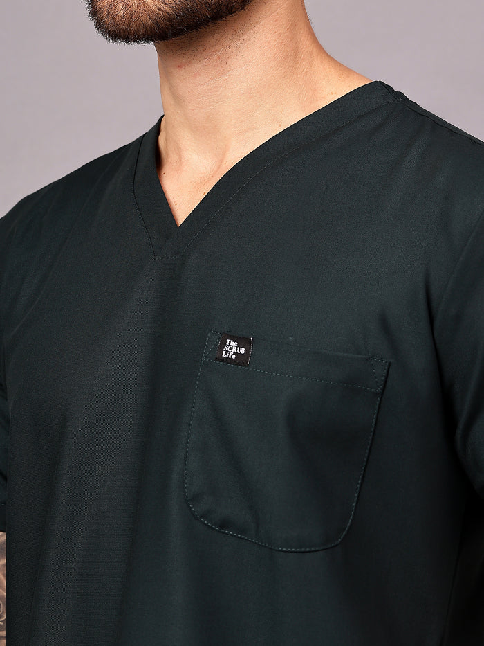 Stretchable (4Way) Men Mid Night Green V-Neck With Straight Pant Scrub Set