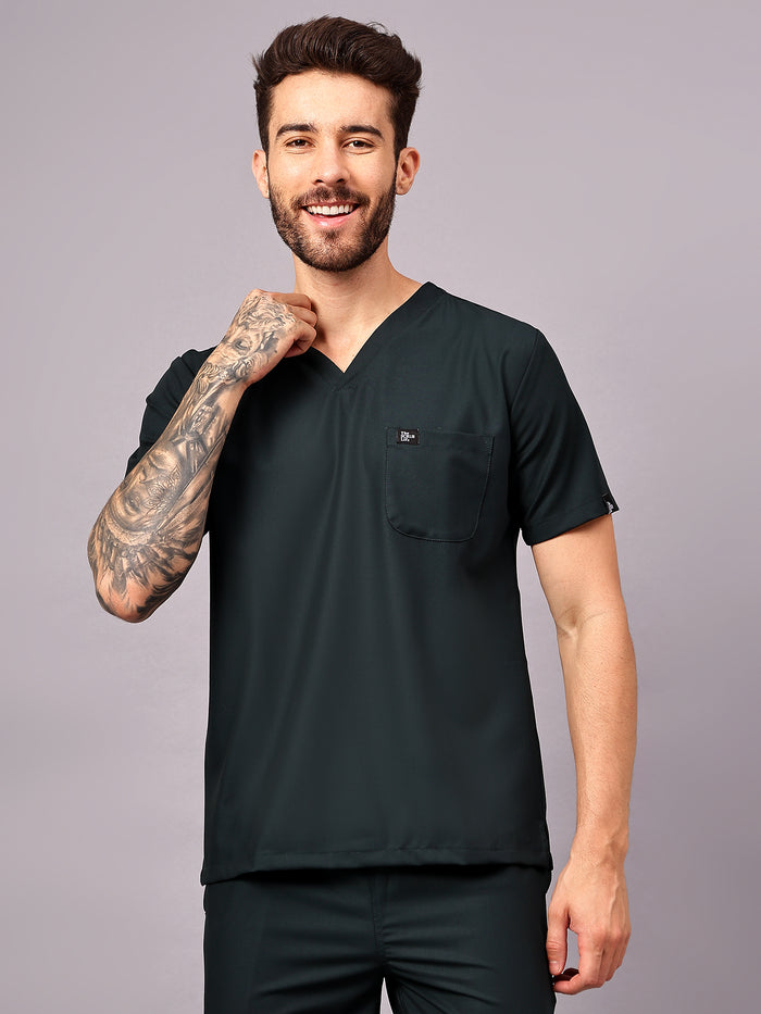 Stretchable (4Way) Men Mid Night Green V-Neck With Straight Pant Scrub Set