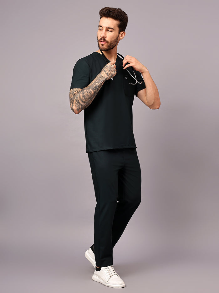 Stretchable (4Way) Men Mid Night Green V-Neck With Straight Pant Scrub Set