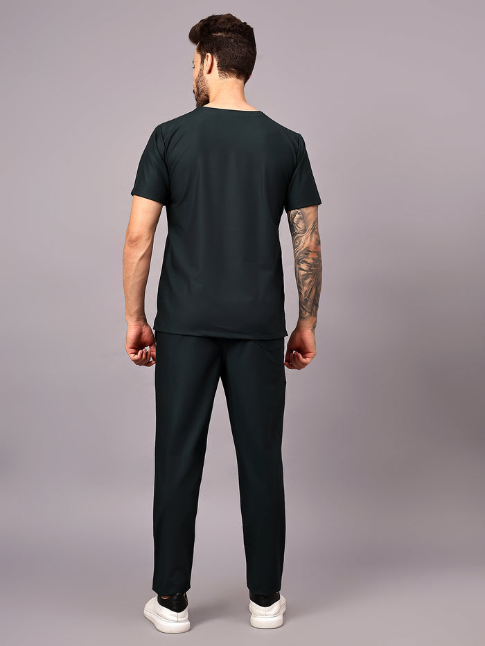 Stretchable (4Way) Men Mid Night Green V-Neck With Straight Pant Scrub Set