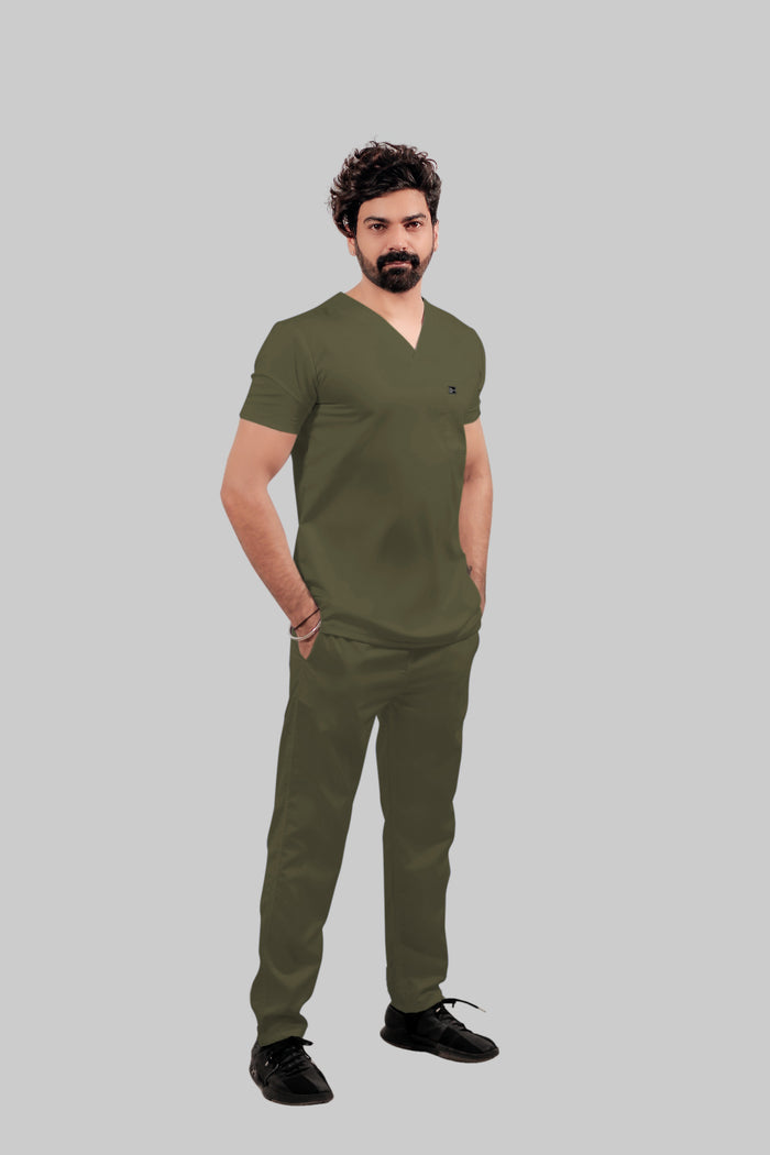 Stretchable (4Way) Men Olive Green V-Neck With Straight Pant Scrub Set