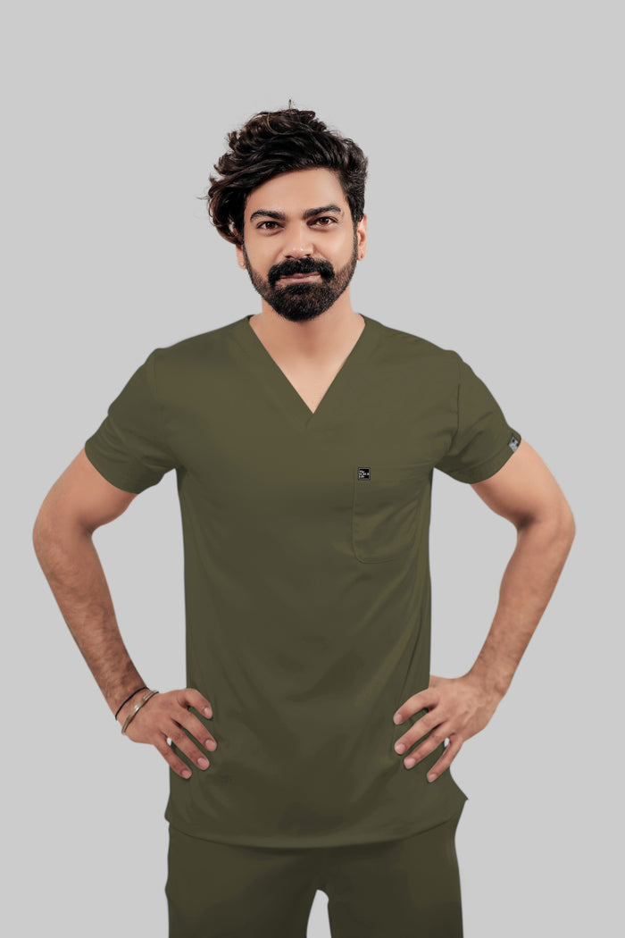 Stretchable (4Way) Men Olive Green V-Neck With Straight Pant Scrub Set