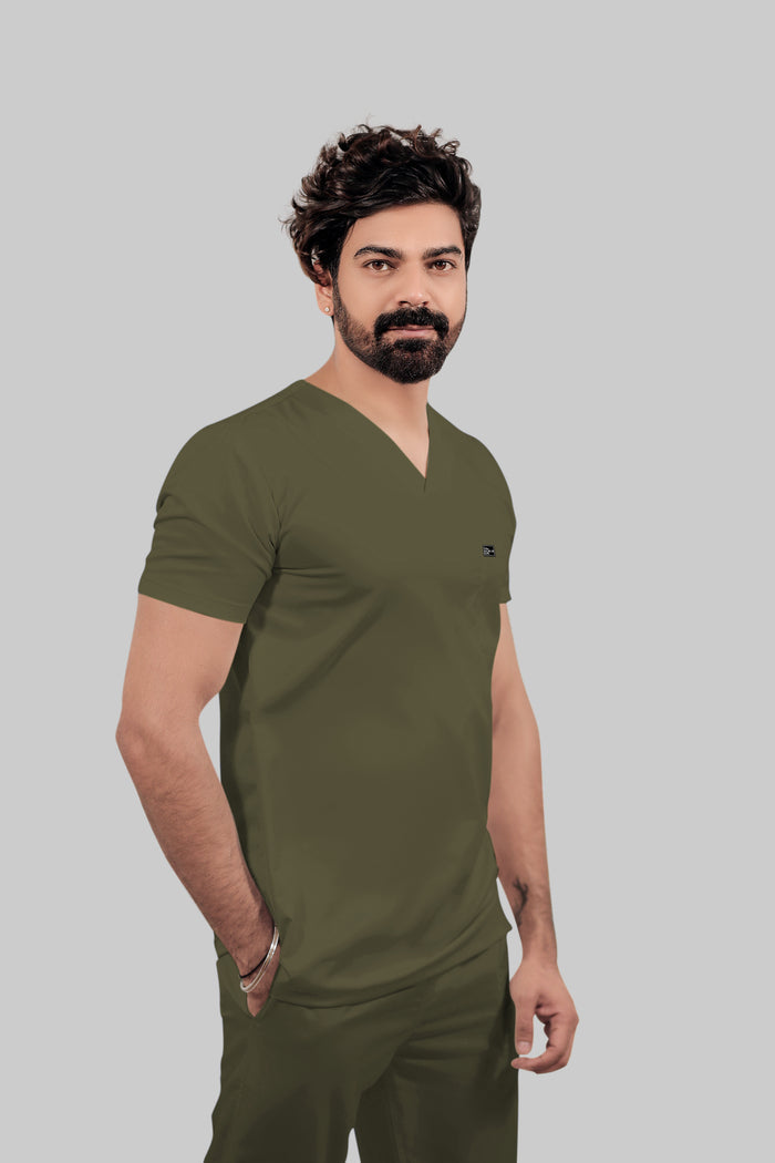 Stretchable (4Way) Men Olive Green V-Neck With Straight Pant Scrub Set