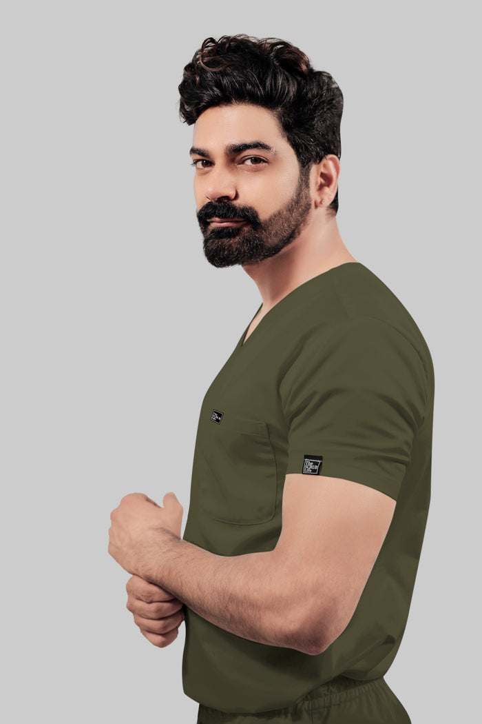 Stretchable (4Way) Men Olive Green V-Neck With Straight Pant Scrub Set