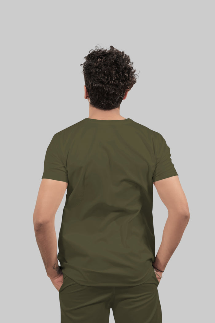 Stretchable (4Way) Men Olive Green V-Neck With Straight Pant Scrub Set