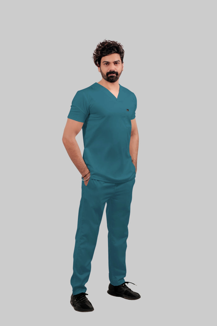 Stretchable (4Way) Men Peacock Blue Straight Scrub Pant