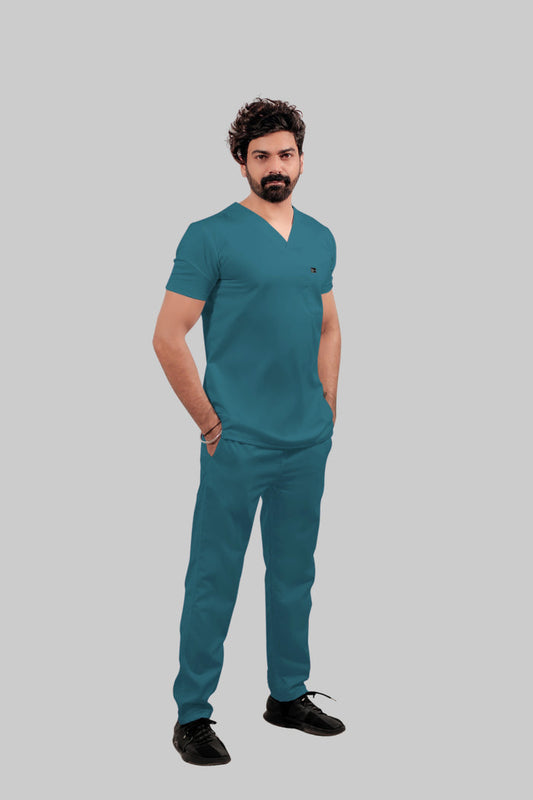 Stretchable (4Way) Men Peacock Blue V-Neck With Straight Pant Scrub Set