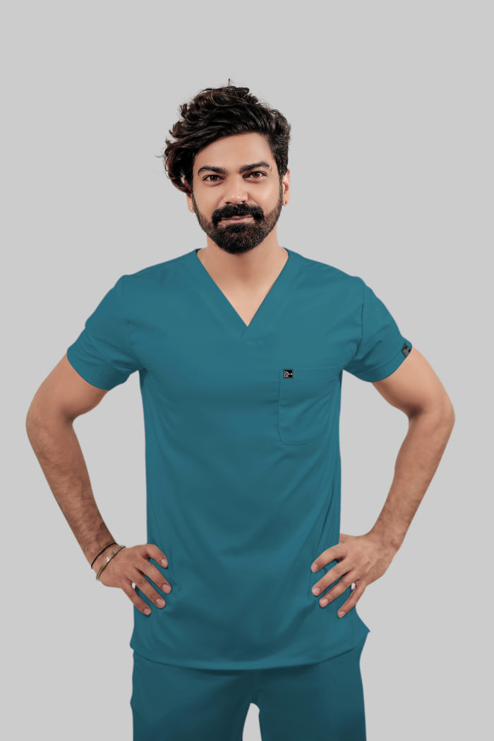 Stretchable (4Way) Men Peacock Blue V-Neck With Straight Pant Scrub Set