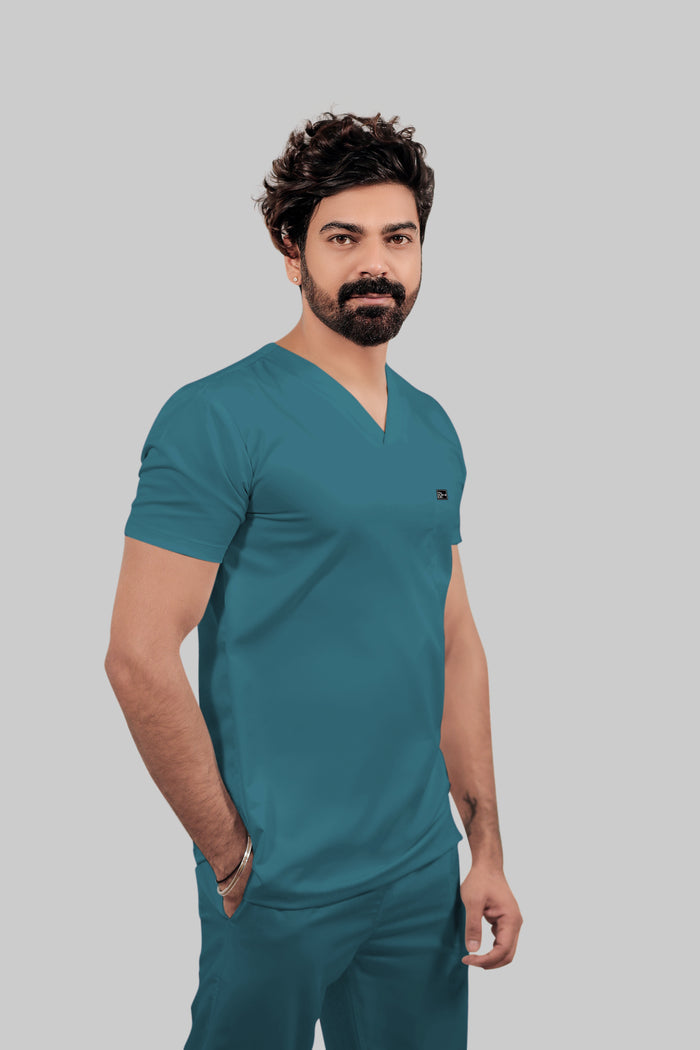 Stretchable (4Way) Men Peacock Blue V-Neck With Straight Pant Scrub Set