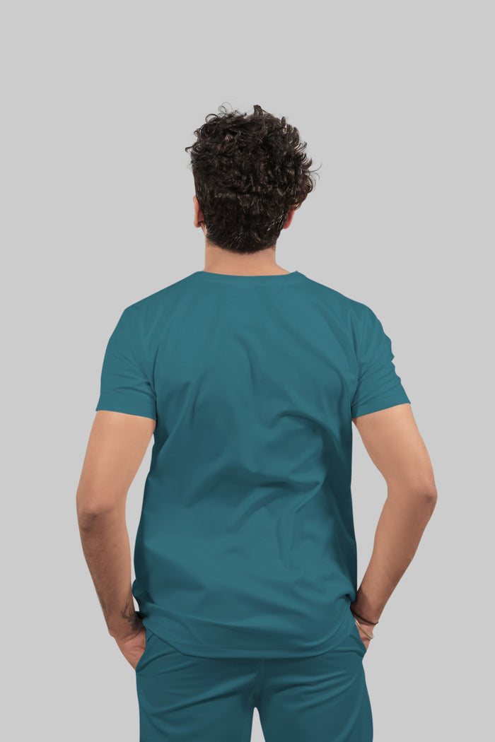 Stretchable (4Way) Men Peacock Blue V-Neck With Straight Pant Scrub Set