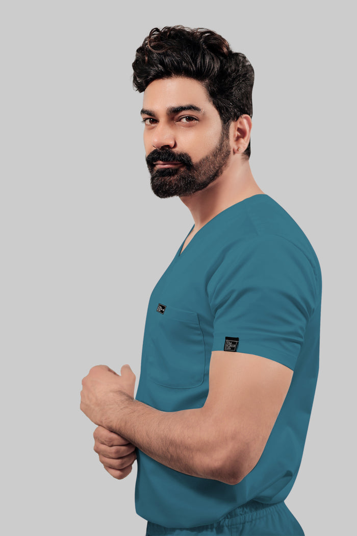 Stretchable (4Way) Men Peacock Blue V-Neck With Straight Pant Scrub Set