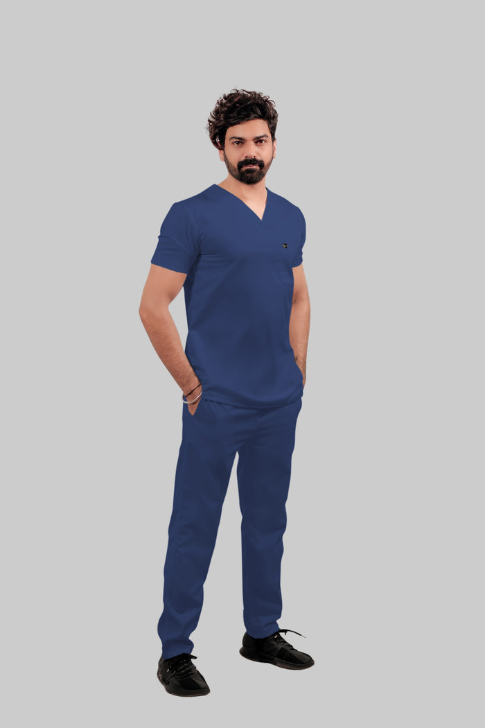 Stretchable (4Way) Men Royal Blue V-Neck With Straight Pant Scrub Set