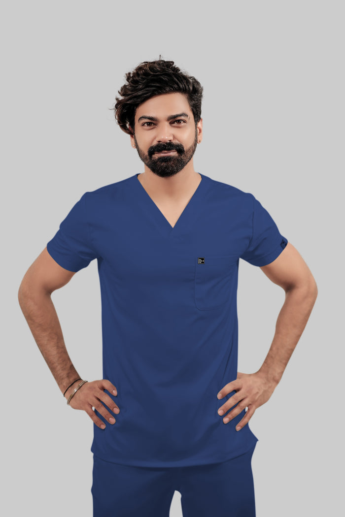 Stretchable (4Way) Men Royal Blue V-Neck With Straight Pant Scrub Set