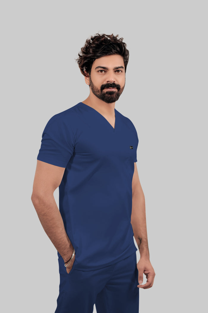 Stretchable (4Way) Men Royal Blue V-Neck With Straight Pant Scrub Set