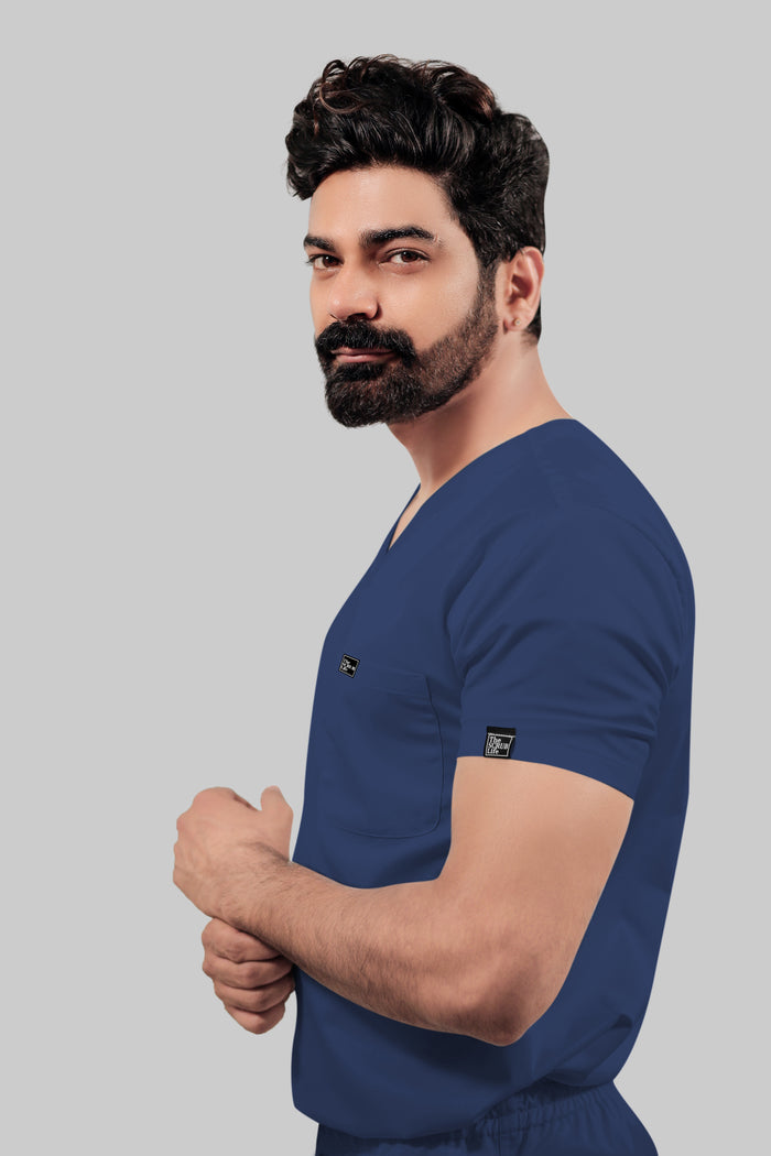 Stretchable (4Way) Men Royal Blue V-Neck With Straight Pant Scrub Set