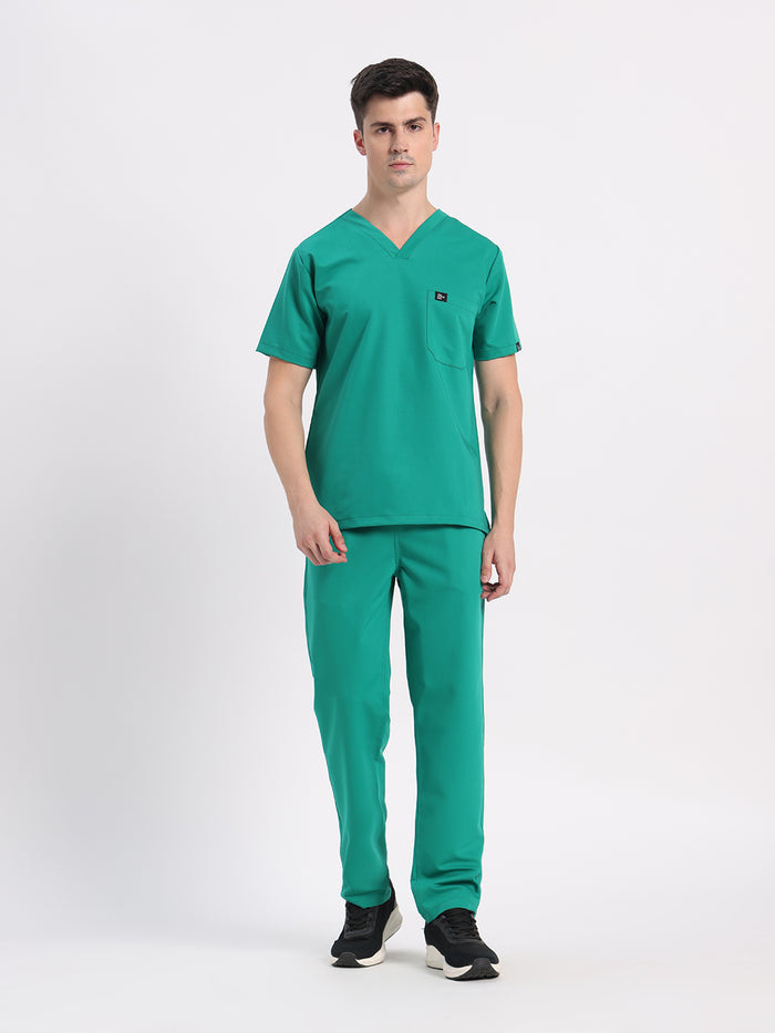 Stretchable (4Way) Men Sea Green V-Neck With Straight Pant Scrub Set
