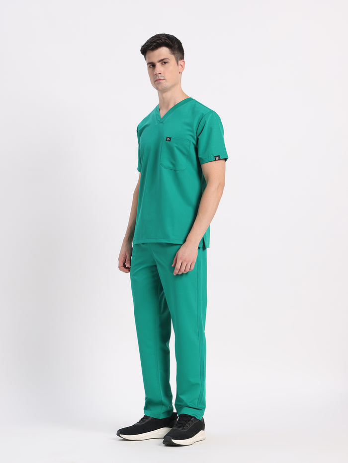 Stretchable (4Way) Men Sea Green V-Neck With Straight Pant Scrub Set