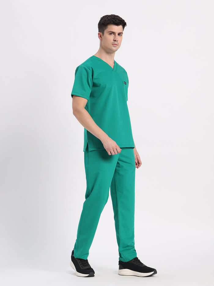 Stretchable (4Way) Men Sea Green V-Neck With Straight Pant Scrub Set