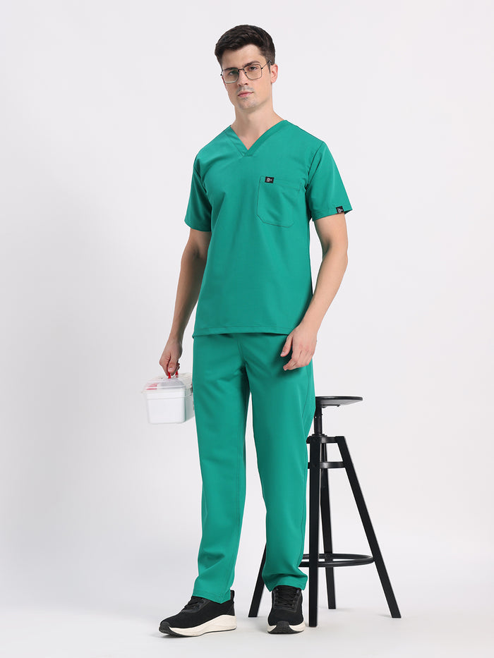 Stretchable (4Way) Men Sea Green V-Neck With Straight Pant Scrub Set