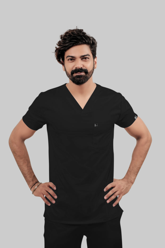 Stretchable (4Way) Men V-Neck Black Scrub Top