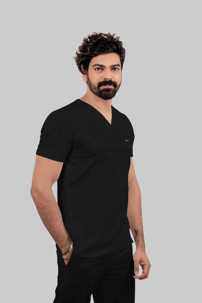 Stretchable (4Way) Men V-Neck Black Scrub Top