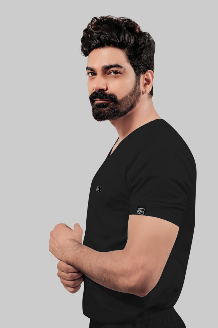 Stretchable (4Way) Men V-Neck Black Scrub Top