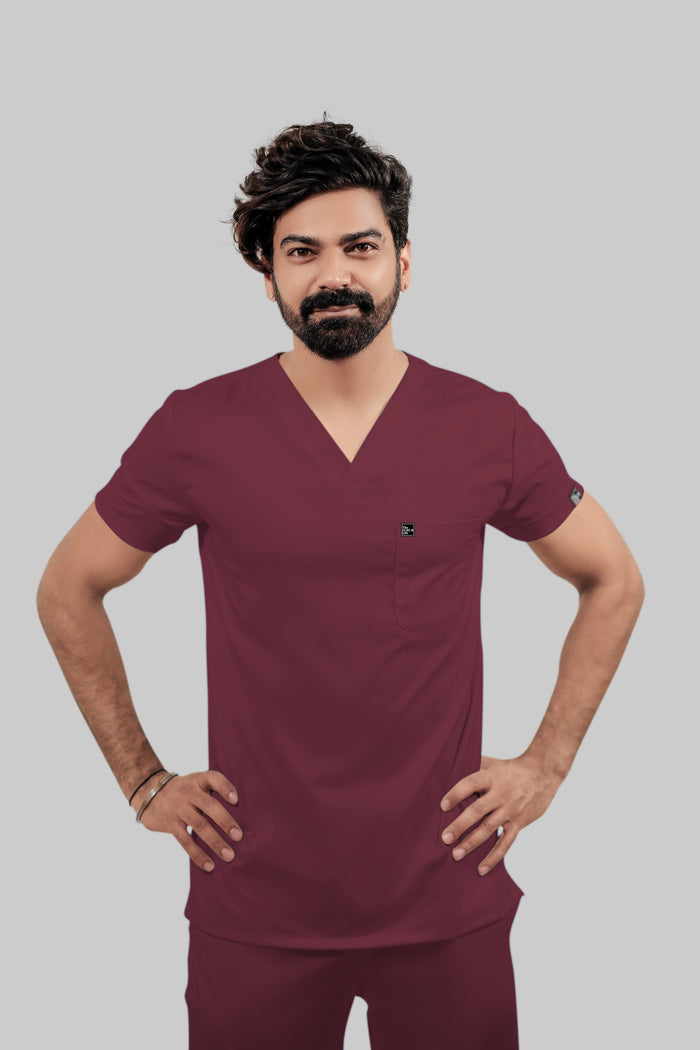 Stretchable (4Way) Men V-Neck Burgundy Scrub Top