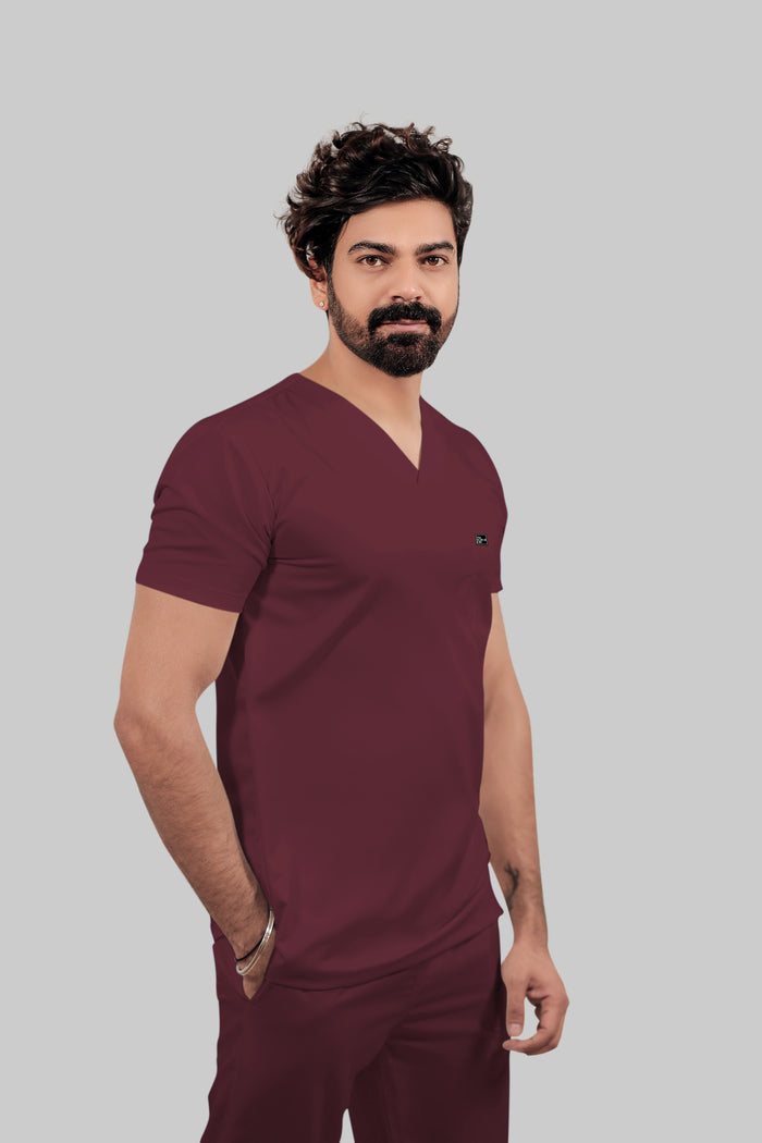 Stretchable (4Way) Men V-Neck Burgundy Scrub Top