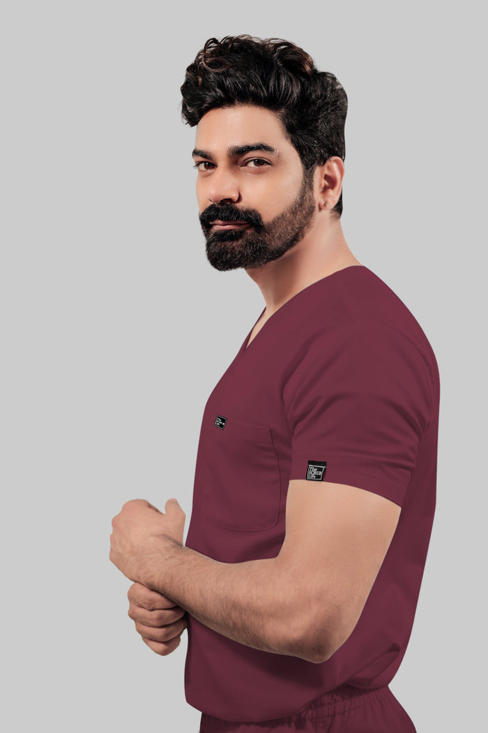 Stretchable (4Way) Men V-Neck Burgundy Scrub Top