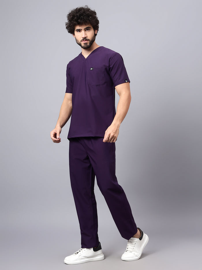 Stretchable (4Way) Men Violet V-Neck With Straight Pant Scrub Set