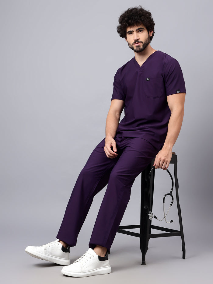 Stretchable (4Way) Men Violet V-Neck With Straight Pant Scrub Set