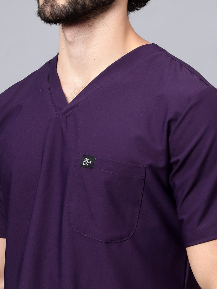 Stretchable (4Way) Men Violet V-Neck With Straight Pant Scrub Set
