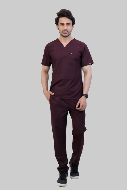 Stretchable (4Way) Men Wine V-Neck With Straight Pant Scrub Set