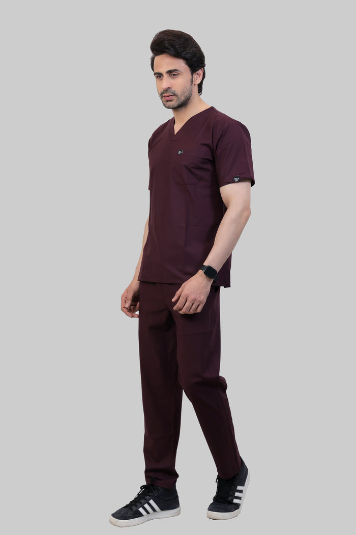 Stretchable (4Way) Men Wine V-Neck With Straight Pant Scrub Set