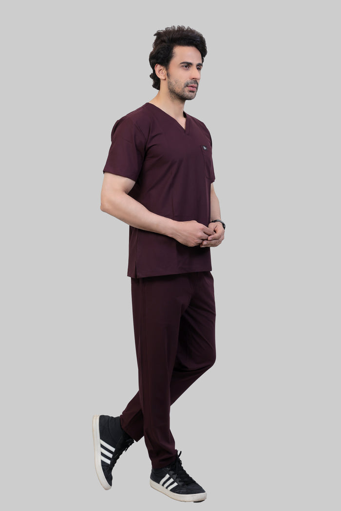 Stretchable (4Way) Men Wine V-Neck With Straight Pant Scrub Set