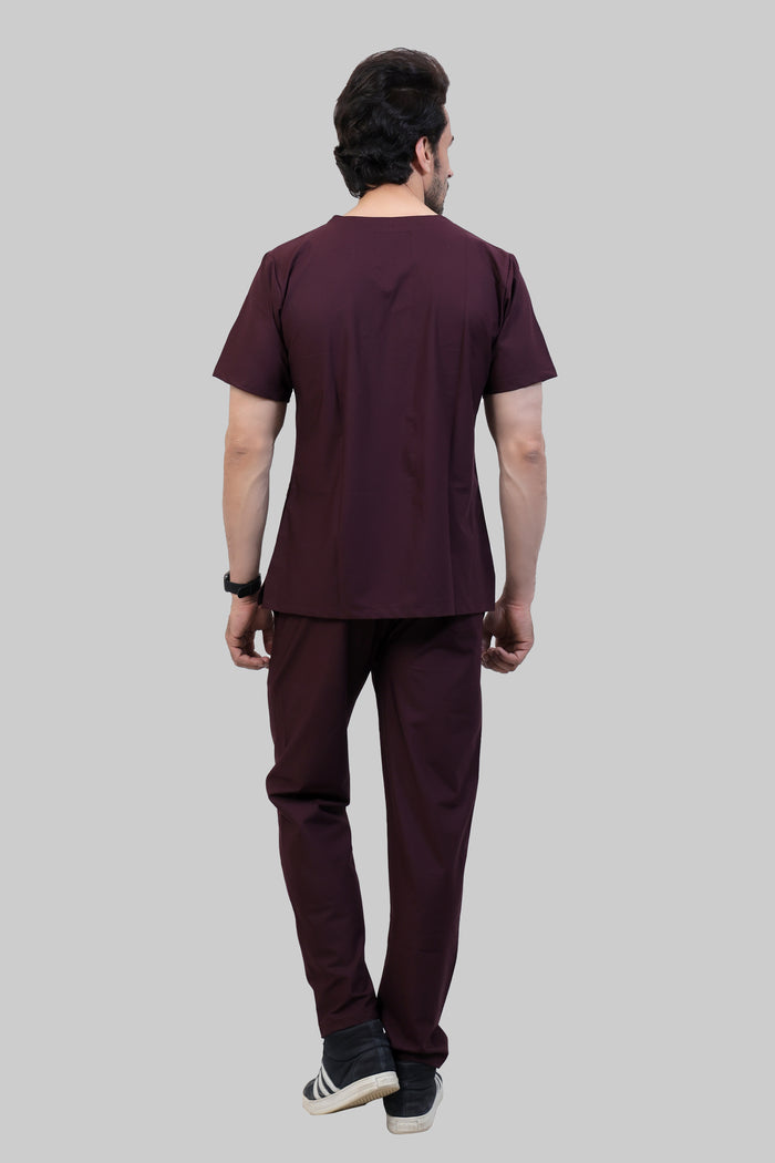 Stretchable (4Way) Men Wine V-Neck With Straight Pant Scrub Set