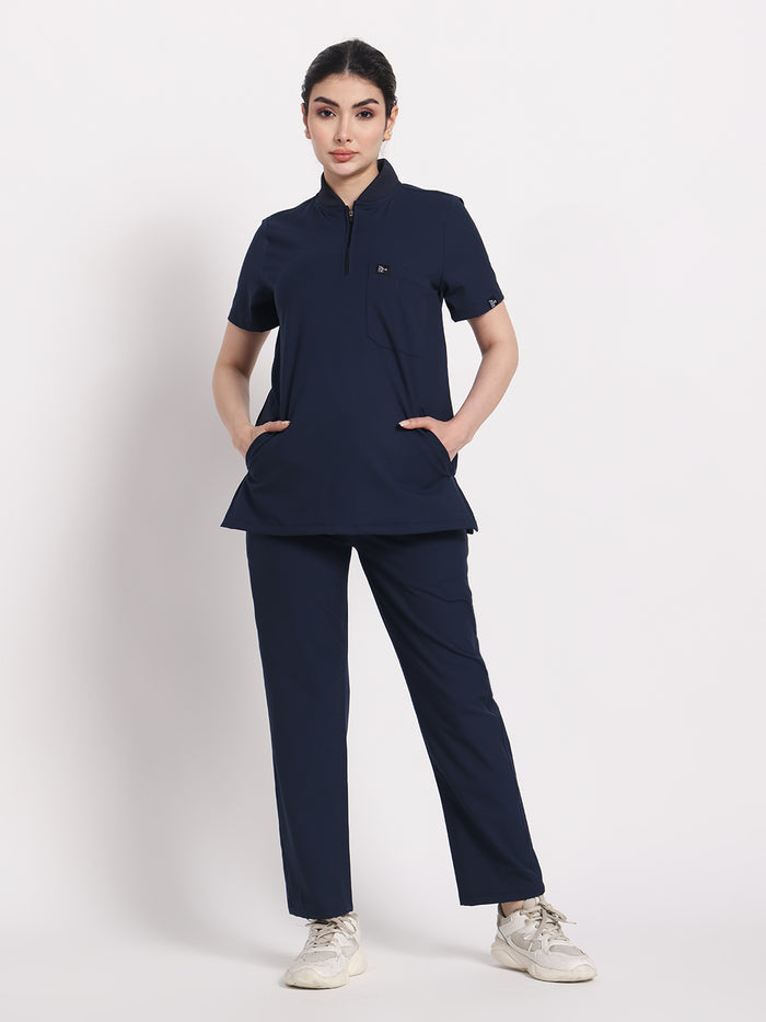 Stretchable (4Way) Navy Blue Women Flex Zip Neckline Top With Straight Pants