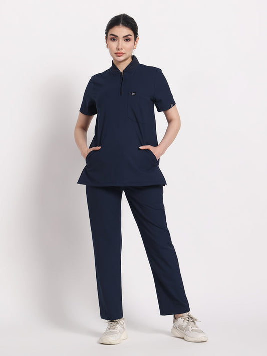 Stretchable (4Way) Navy Blue Women Flex Zip Neckline Top With Straight Pants